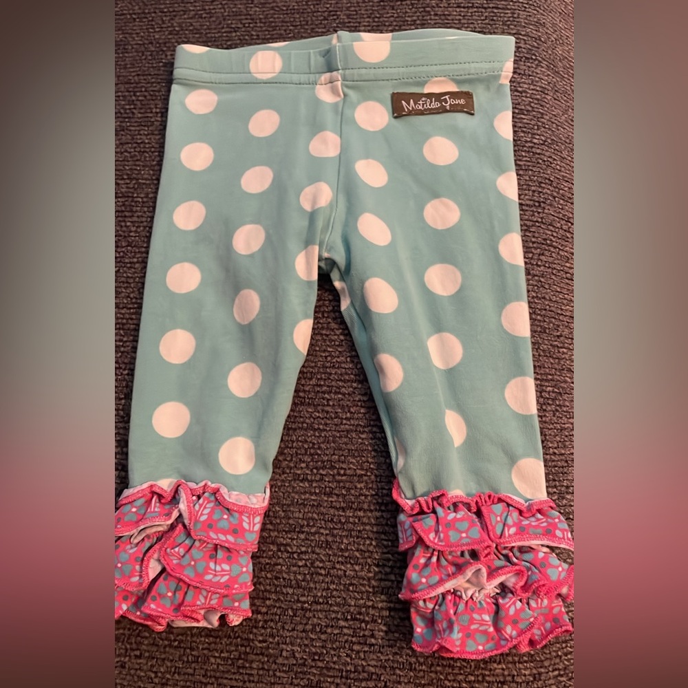 Matilda Jane Aqua Polka Dot Leggings with Pink Ruffles